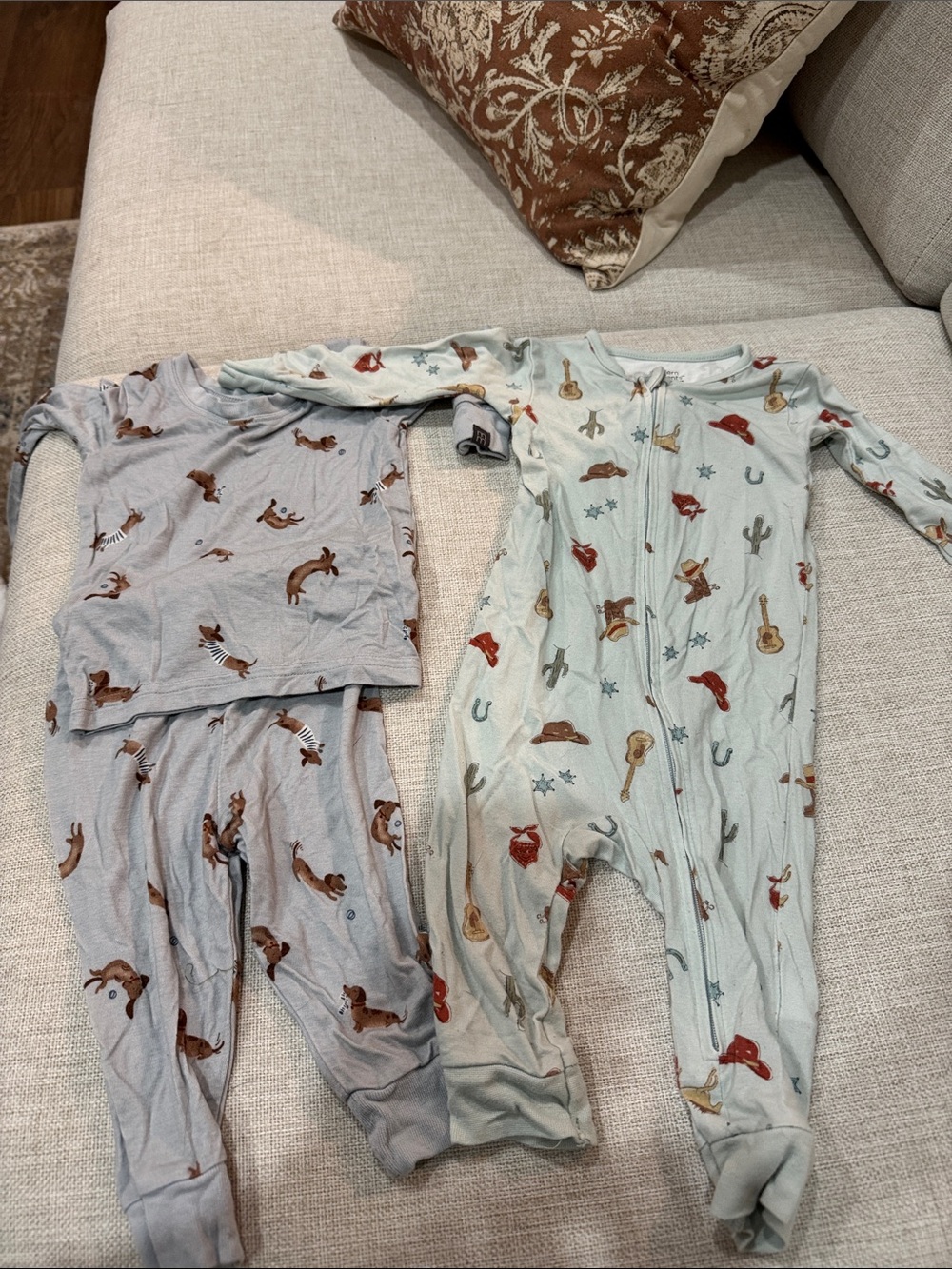Kids Cowboy Print Footies and Daschund 2 pc PJ set- Light Gray & Pale Mint